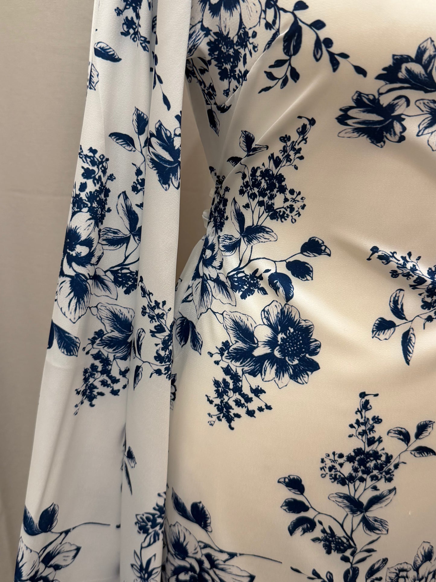 White & Blue Floral Satin Silk Tie Back Abaya Dress