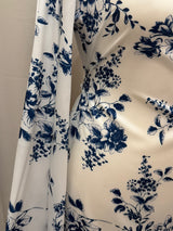White & Blue Floral Satin Silk Tie Back Abaya Dress