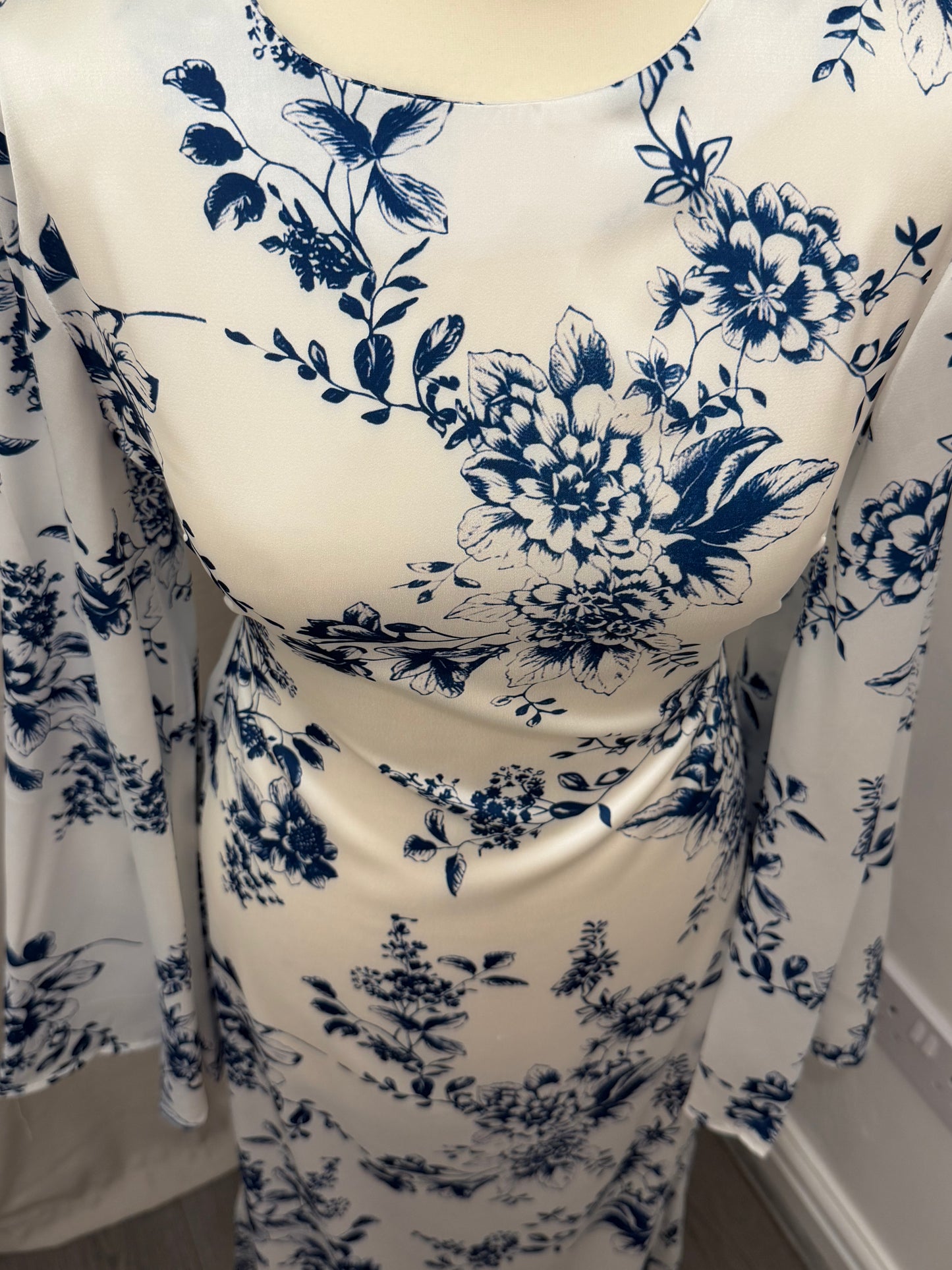 White & Blue Floral Satin Silk Tie Back Abaya Dress