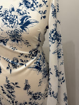 White & Blue Floral Satin Silk Tie Back Abaya Dress