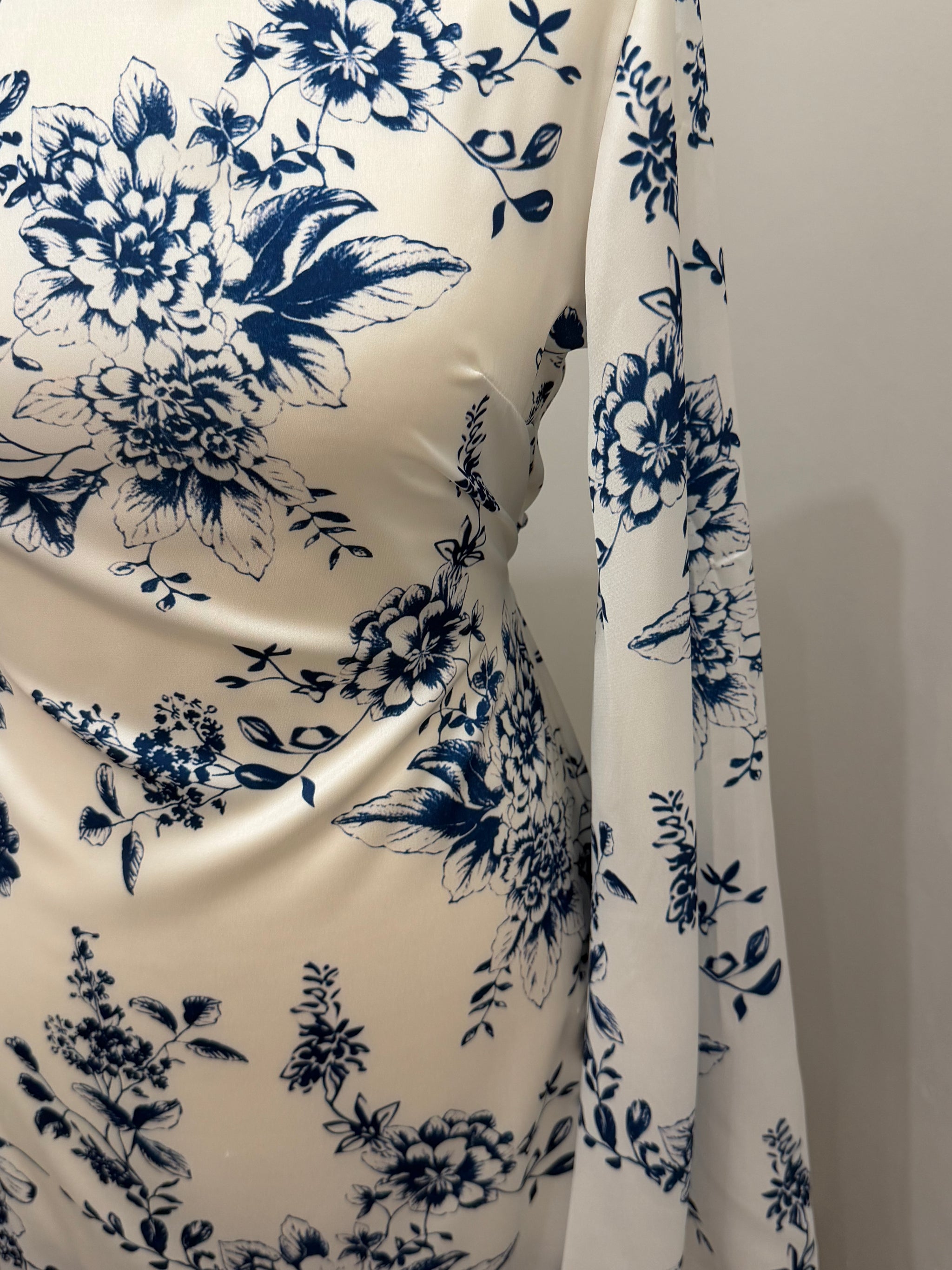 White & Blue Floral Satin Silk Tie Back Abaya Dress