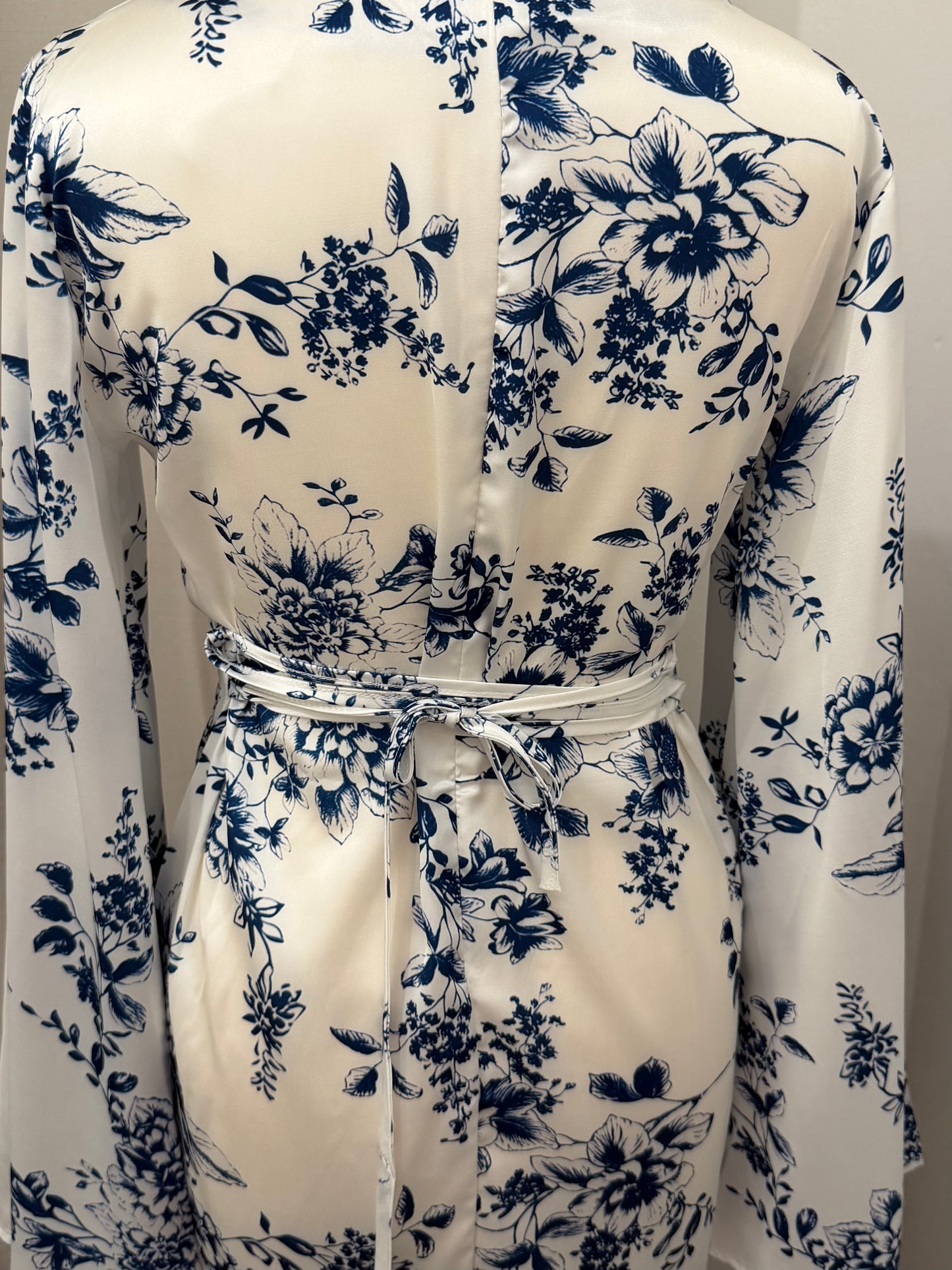 White & Blue Floral Satin Silk Tie Back Abaya Dress