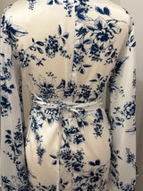 White & Blue Floral Satin Silk Tie Back Abaya Dress