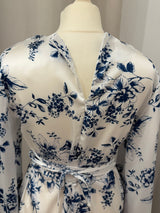 White & Blue Floral Satin Silk Tie Back Abaya Dress