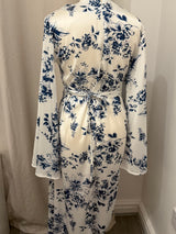 White & Blue Floral Satin Silk Tie Back Abaya Dress