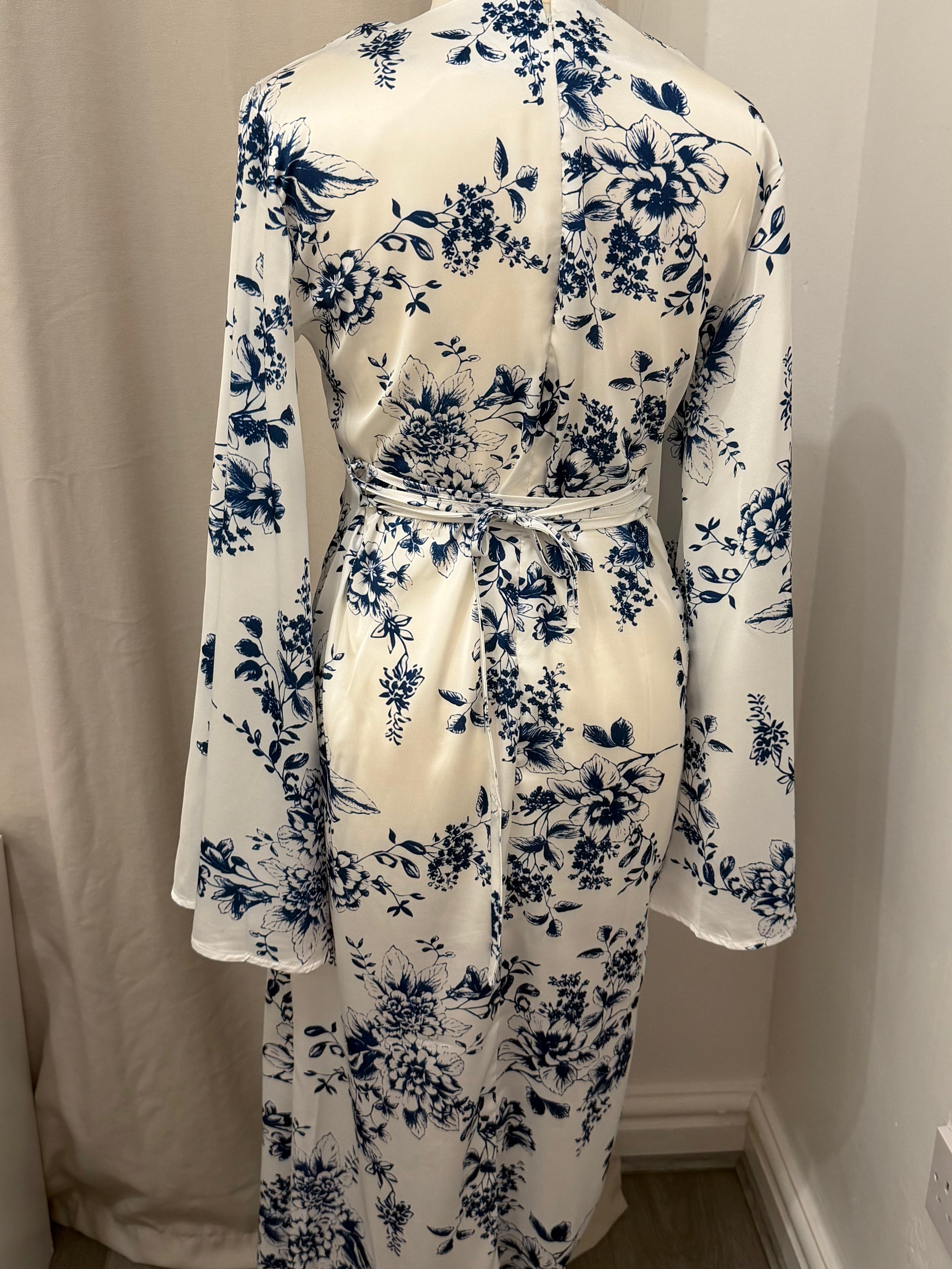 White & Blue Floral Satin Silk Tie Back Abaya Dress