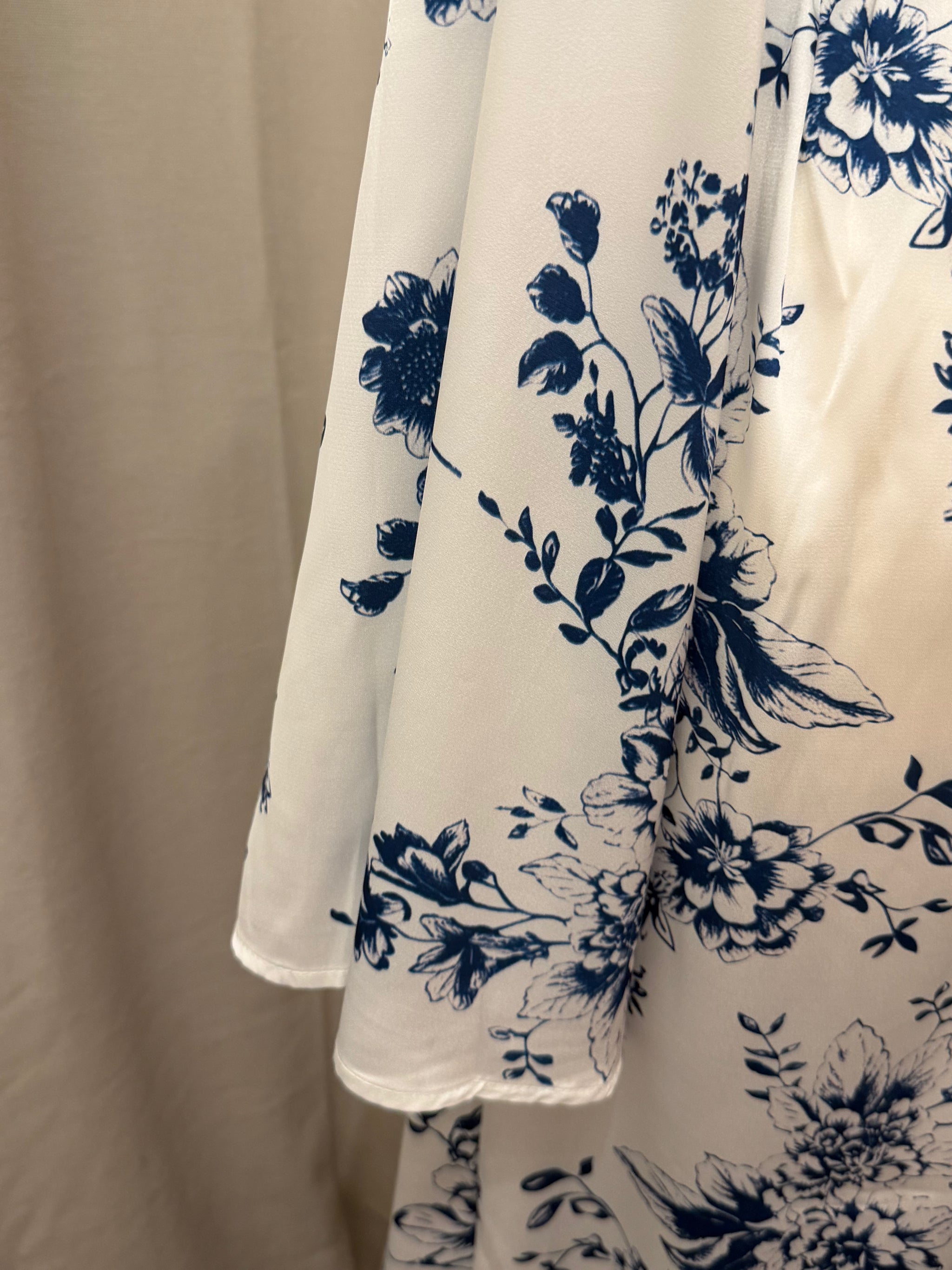 White & Blue Floral Satin Silk Tie Back Abaya Dress