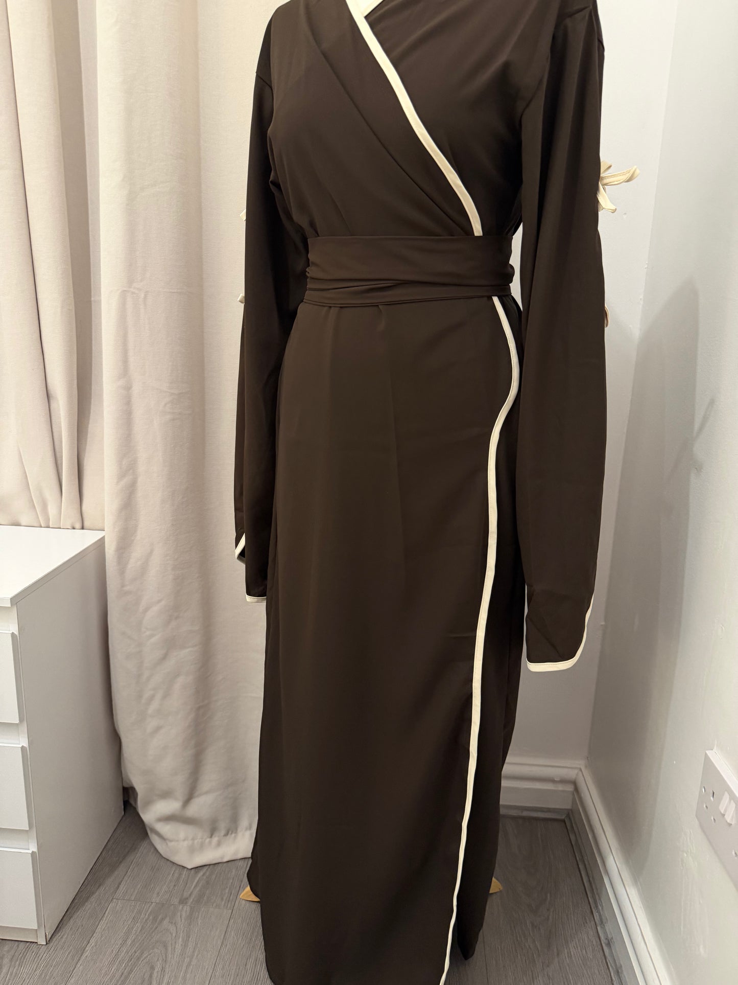 Chocolate Brown Kimono Style Nida Crepe Abaya with Belt