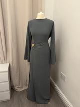 Charcoal Grey Ruched Waist Linen Maxi Dress