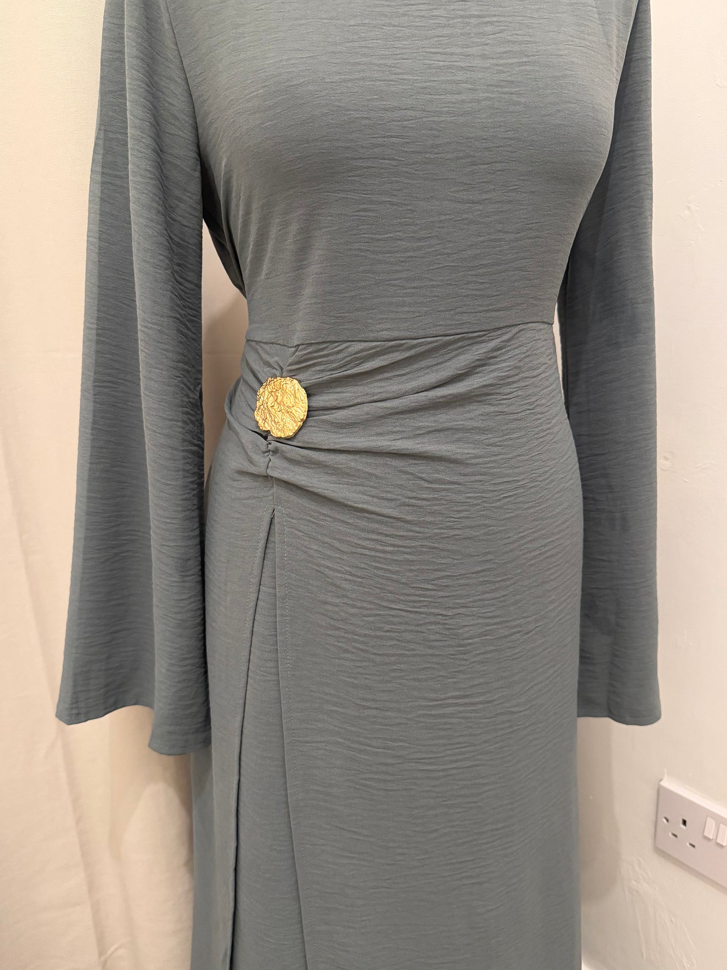 Charcoal Grey Ruched Waist Linen Maxi Dress