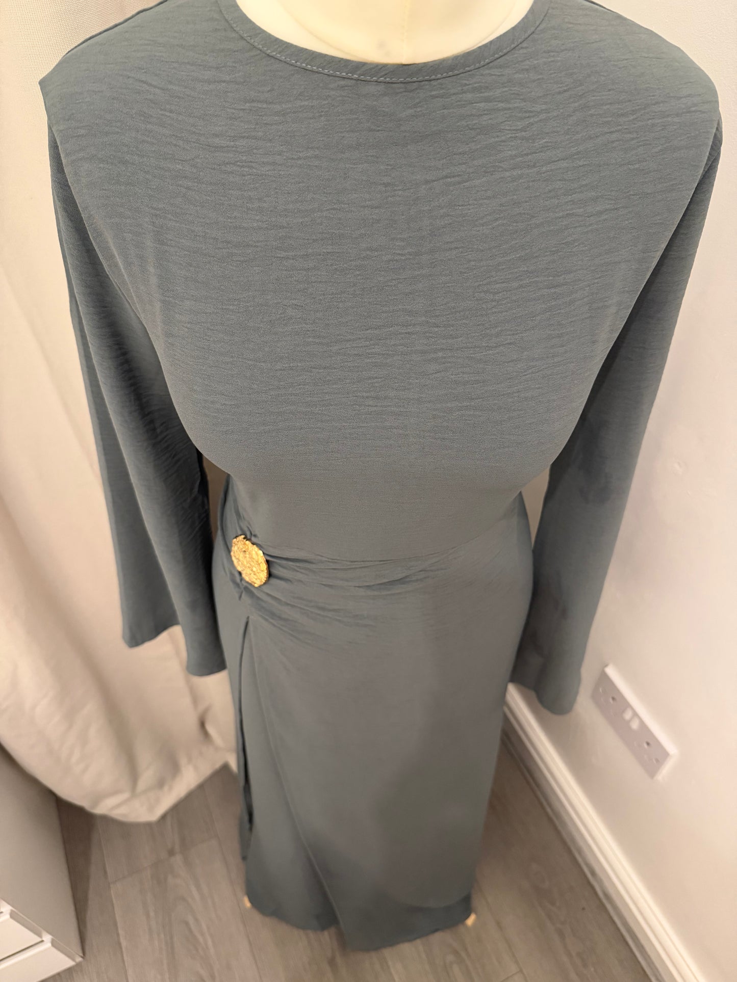 Charcoal Grey Ruched Waist Linen Maxi Dress