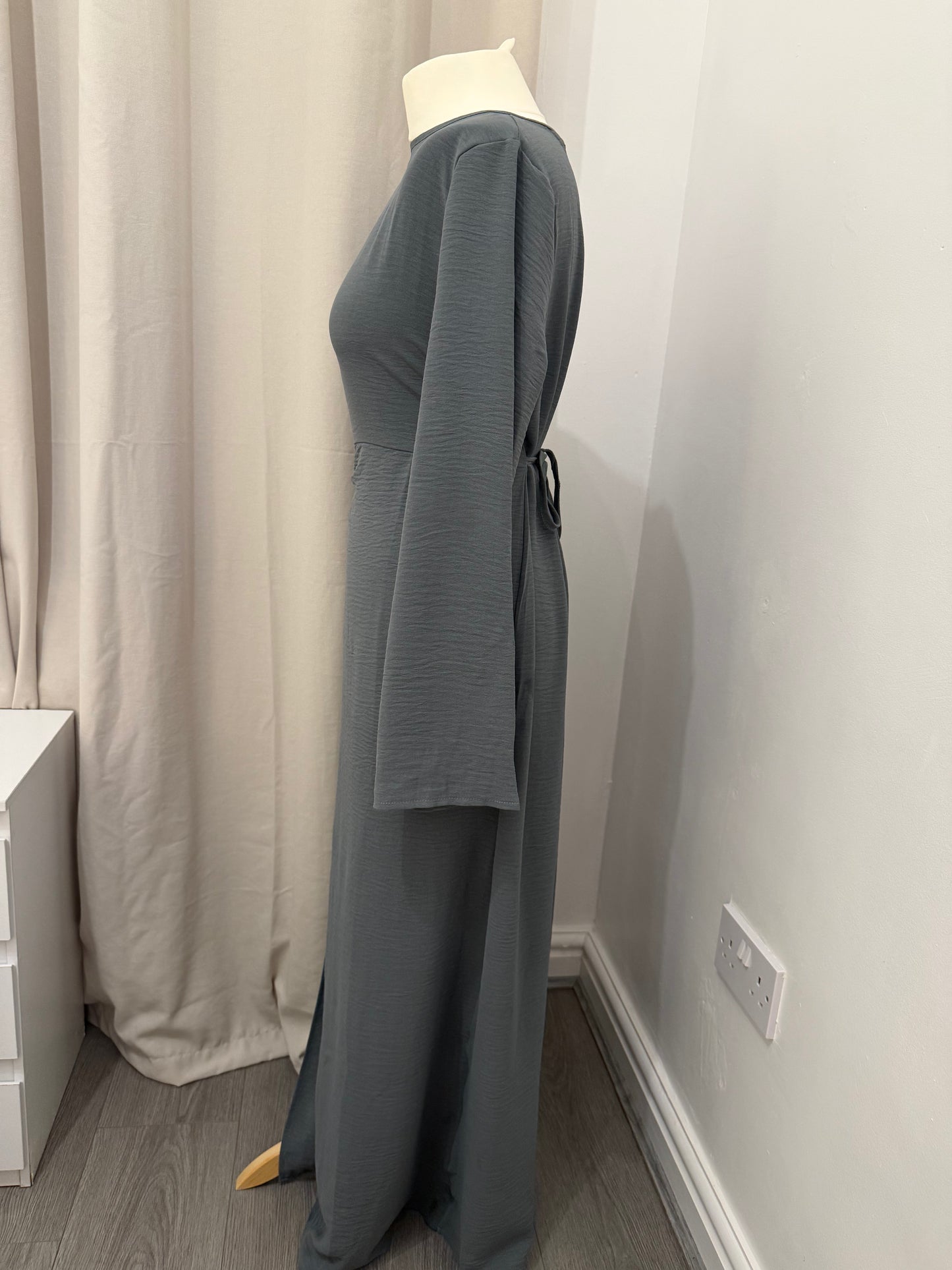 Charcoal Grey Ruched Waist Linen Maxi Dress