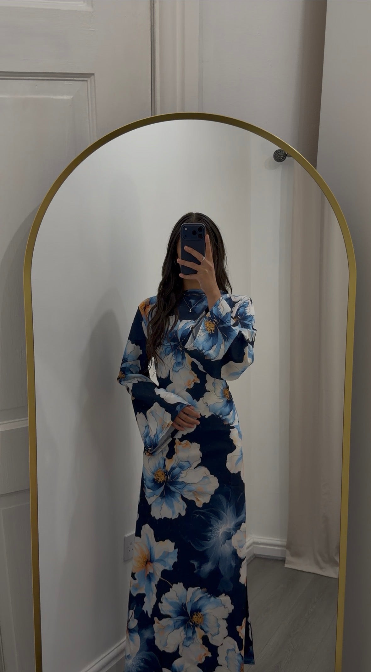 Navy Blue Floral Abaya Dress with Flared Sleeves