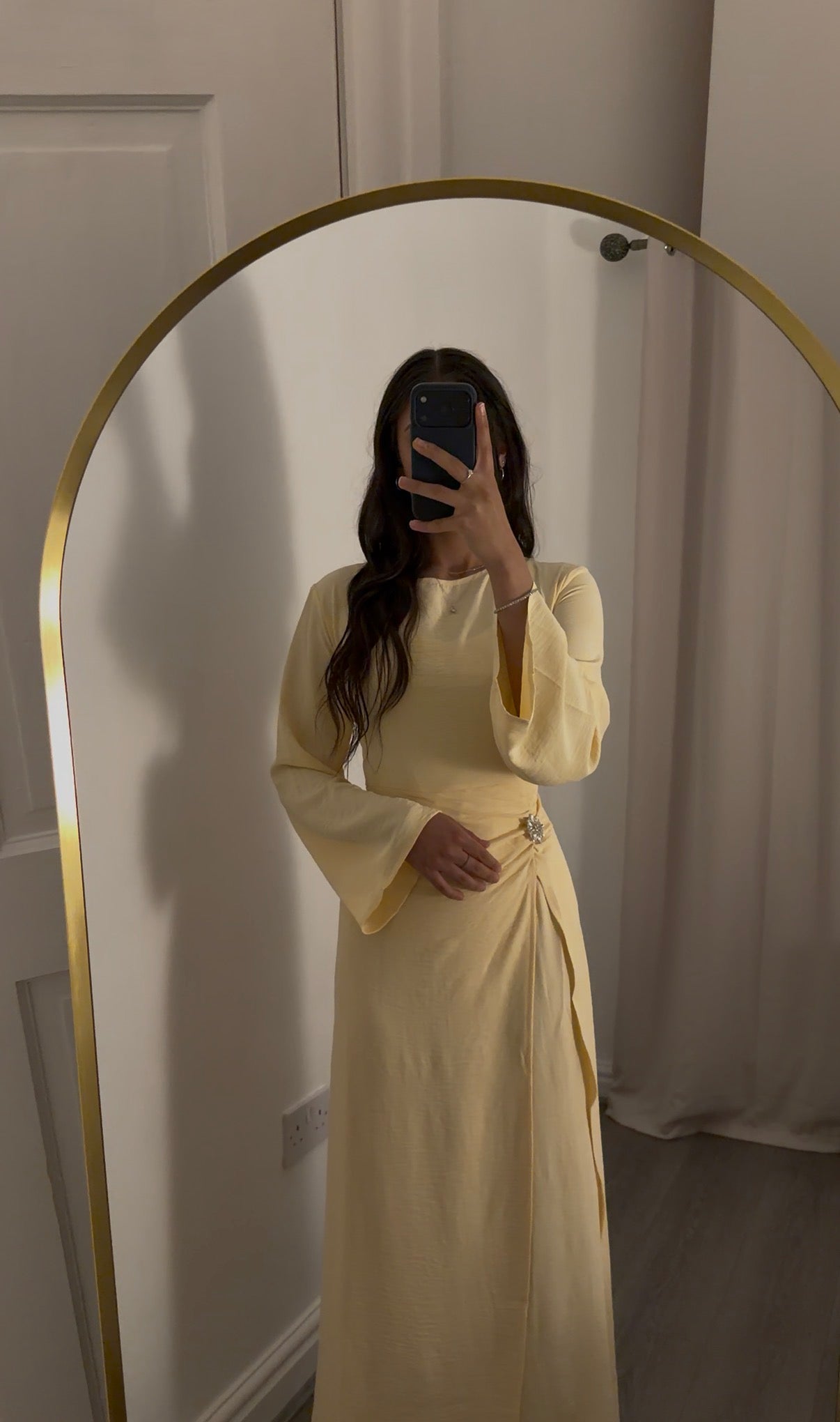Butter Yellow Ruched Waist Modest Maxi Dress