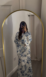 White & Blue Floral Satin Silk Tie Back Abaya Dress