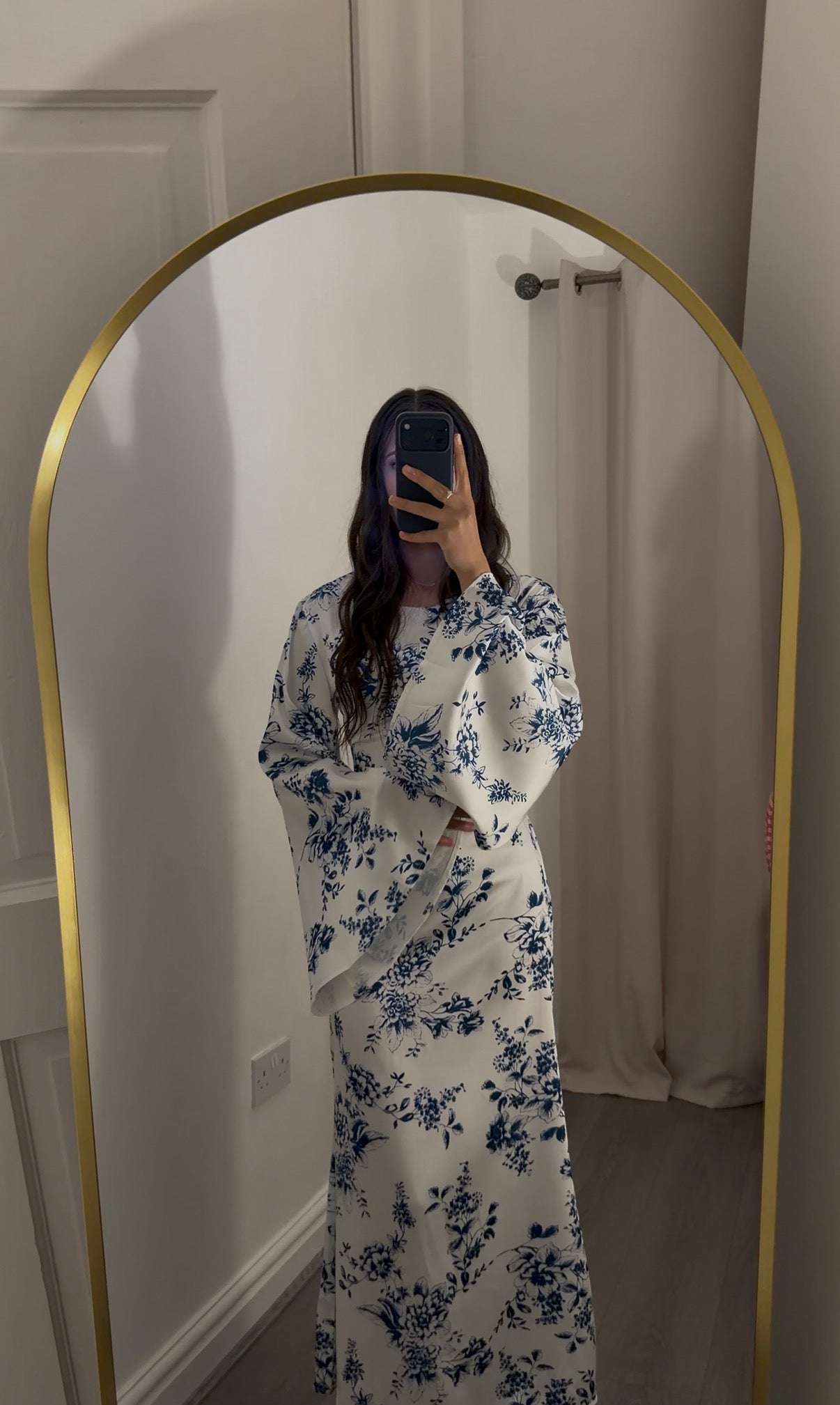White & Blue Floral Satin Silk Tie Back Abaya Dress