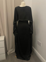 Black Pearl Satin Silk Cape Abaya Maxi Dress