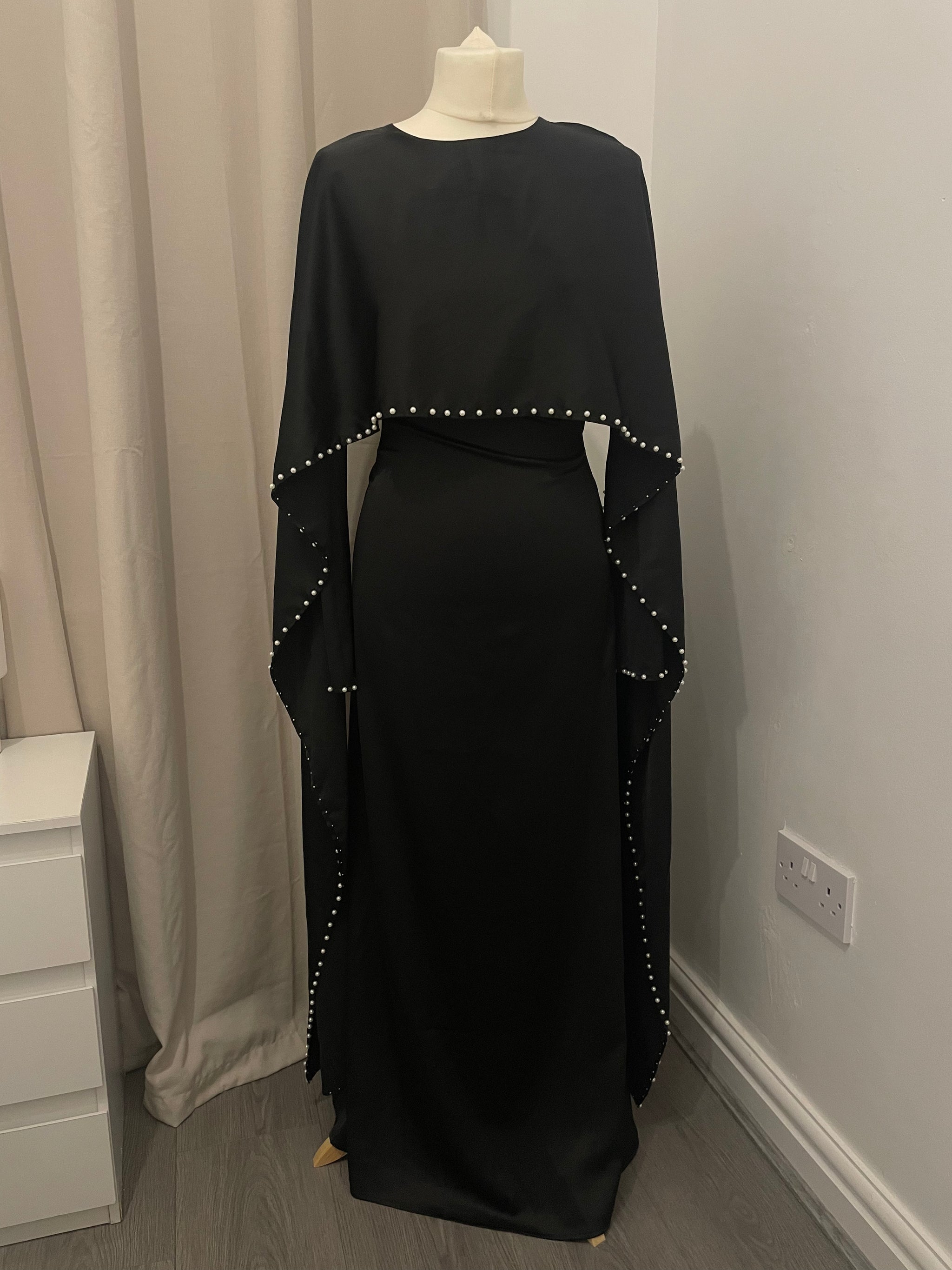 Black Pearl Satin Silk Cape Abaya Maxi Dress