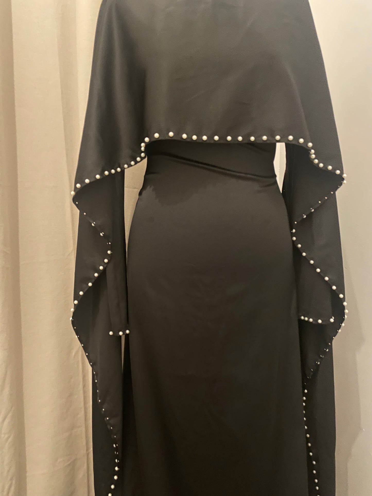 Black Pearl Satin Silk Cape Abaya Maxi Dress