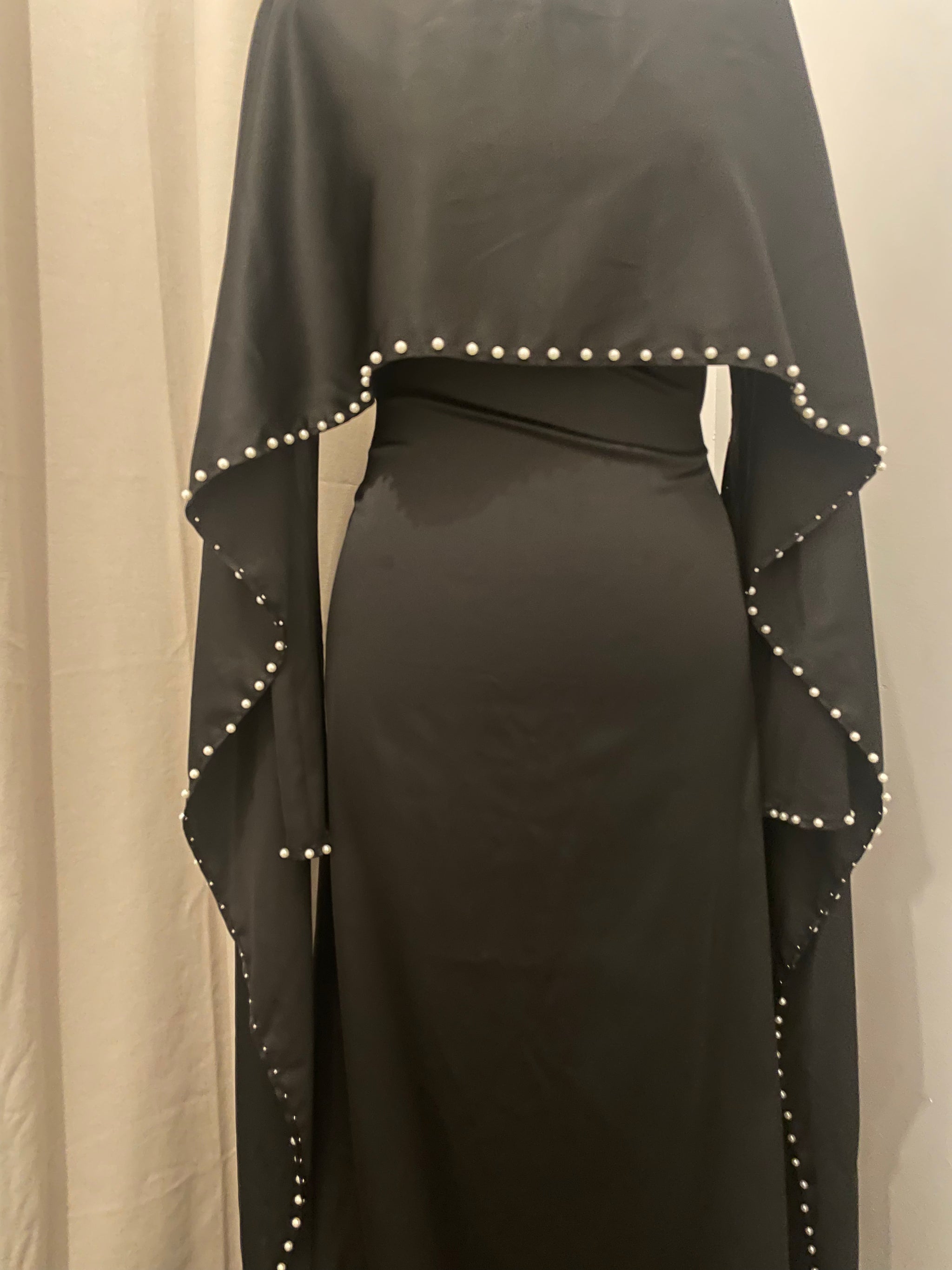Black Pearl Satin Silk Cape Abaya Maxi Dress