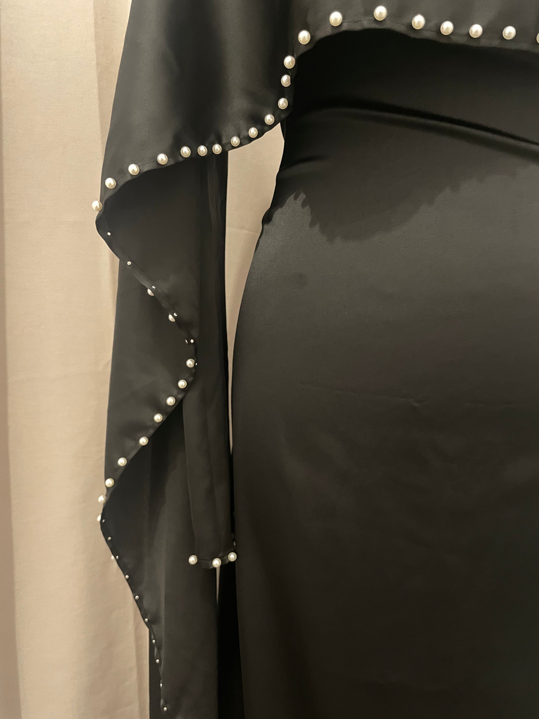 Black Pearl Satin Silk Cape Abaya Maxi Dress