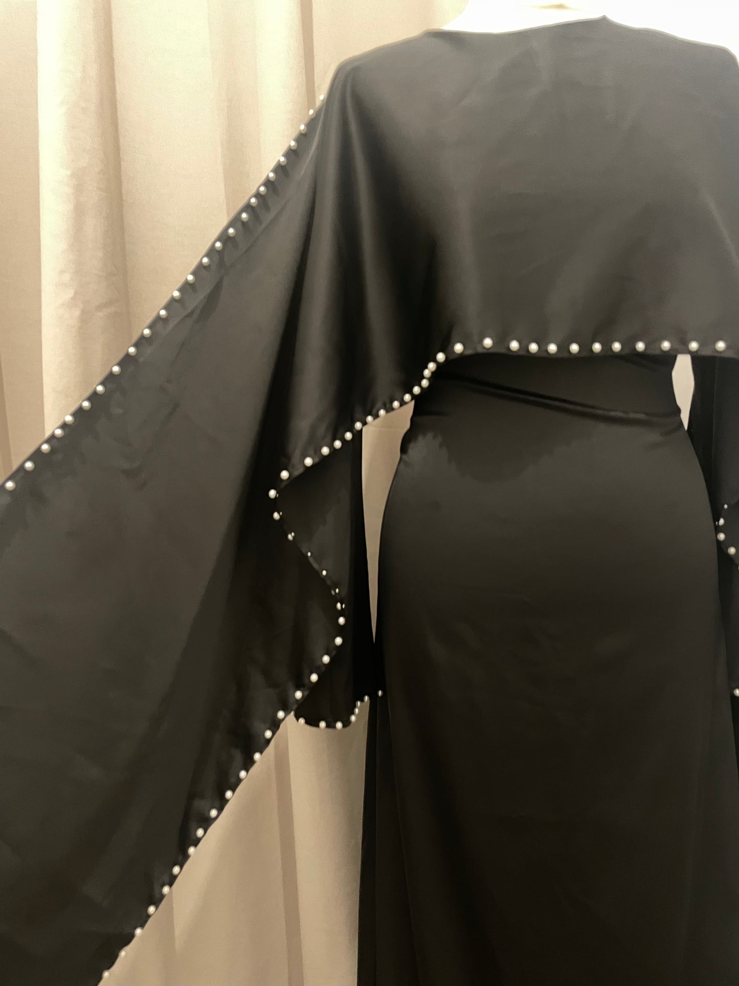 Black Pearl Satin Silk Cape Abaya Maxi Dress