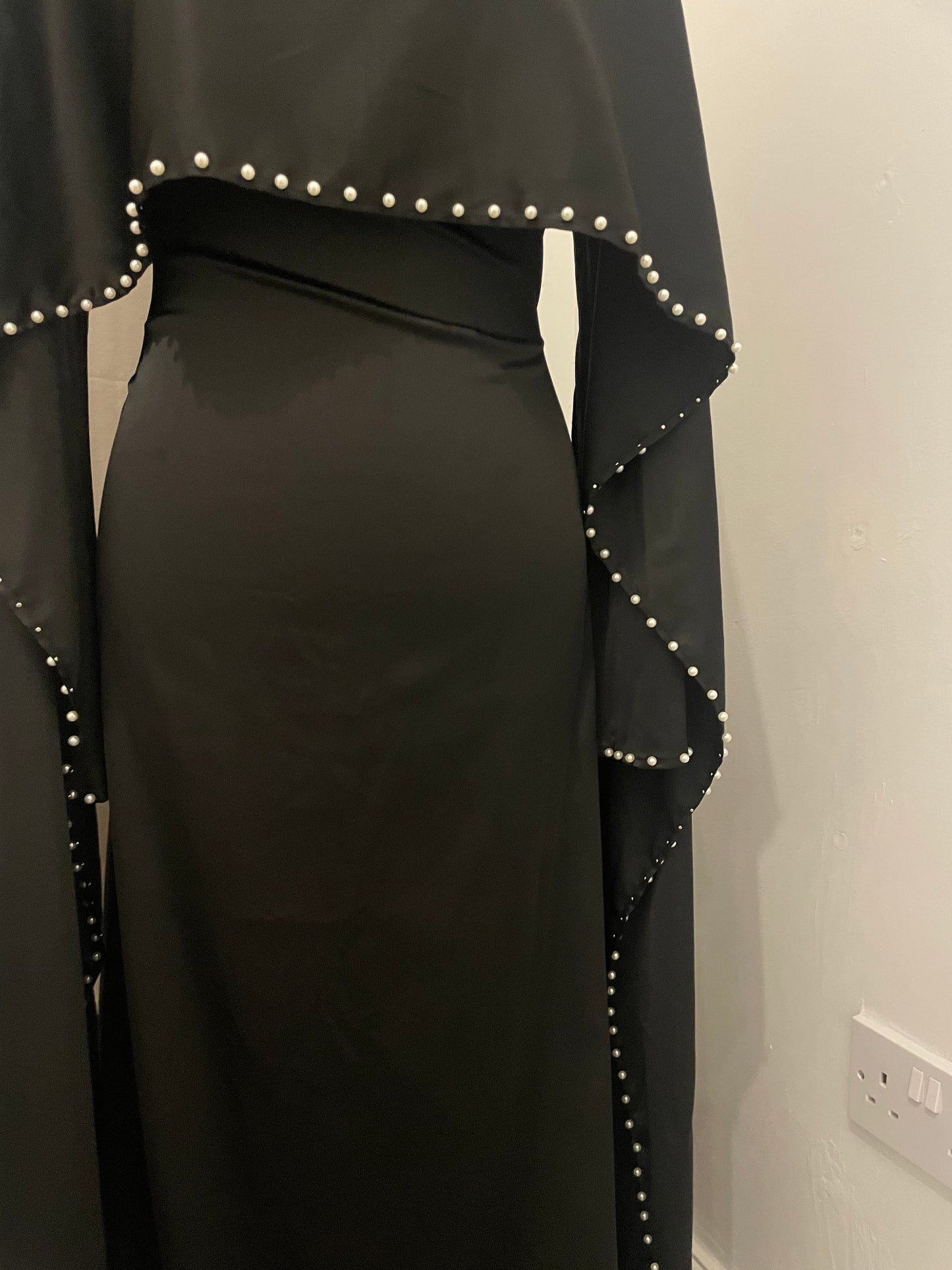 Black Pearl Satin Silk Cape Abaya Maxi Dress