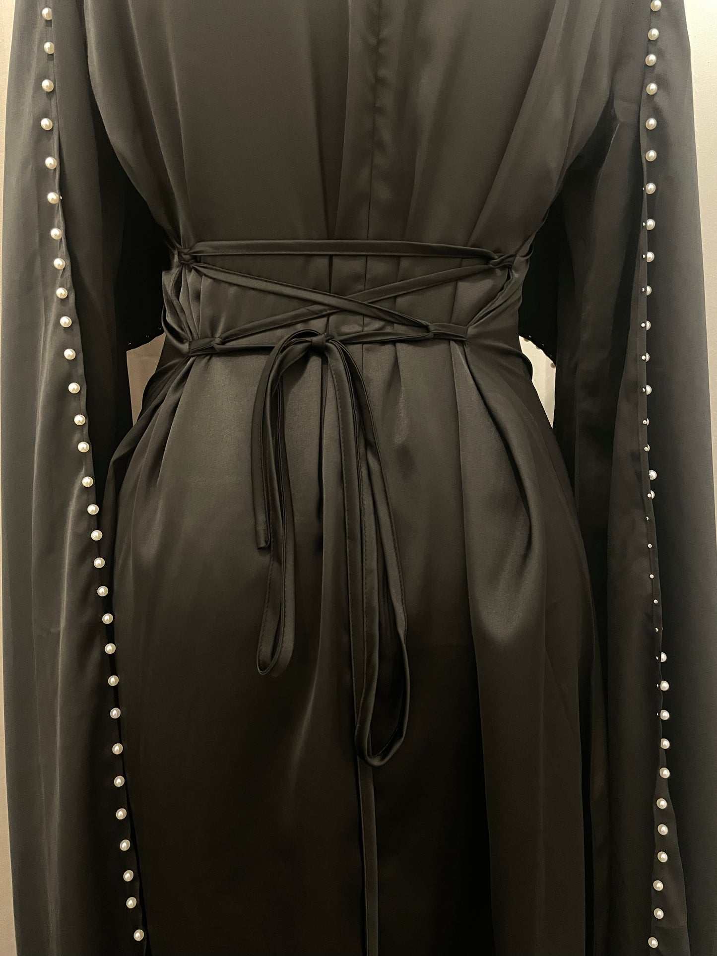 Black Pearl Satin Silk Cape Abaya Maxi Dress