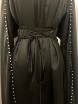 Black Pearl Satin Silk Cape Abaya Maxi Dress