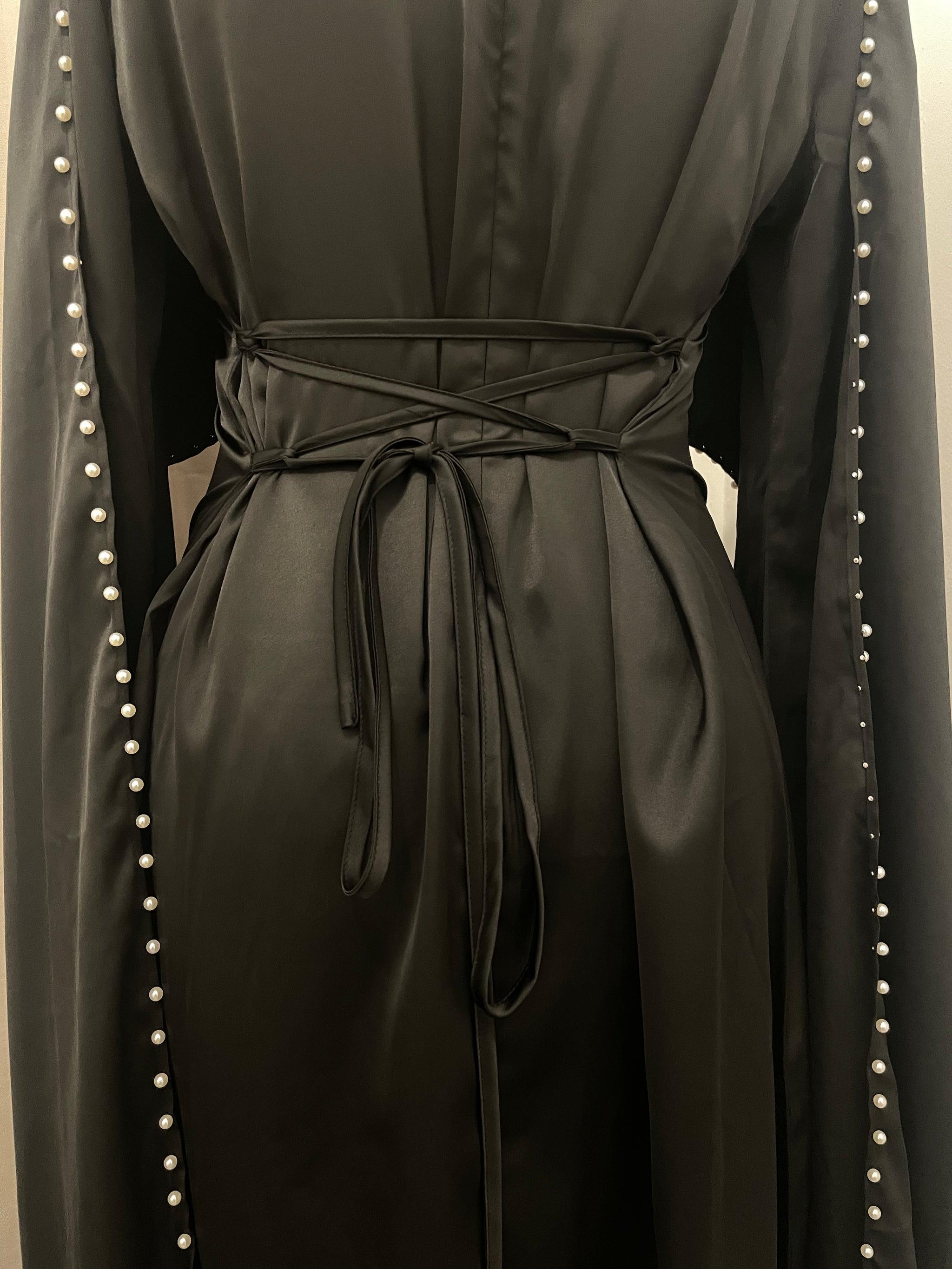 Black Pearl Satin Silk Cape Abaya Maxi Dress