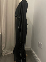 Black Pearl Satin Silk Cape Abaya Maxi Dress