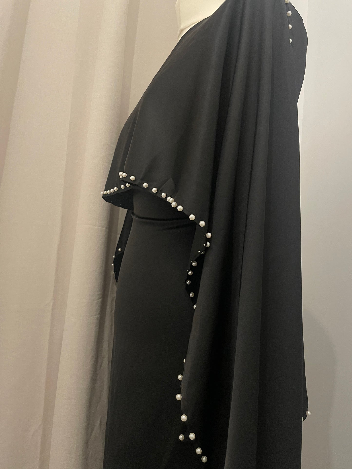 Black Pearl Satin Silk Cape Abaya Maxi Dress