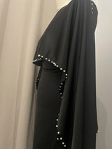 Black Pearl Satin Silk Cape Abaya Maxi Dress