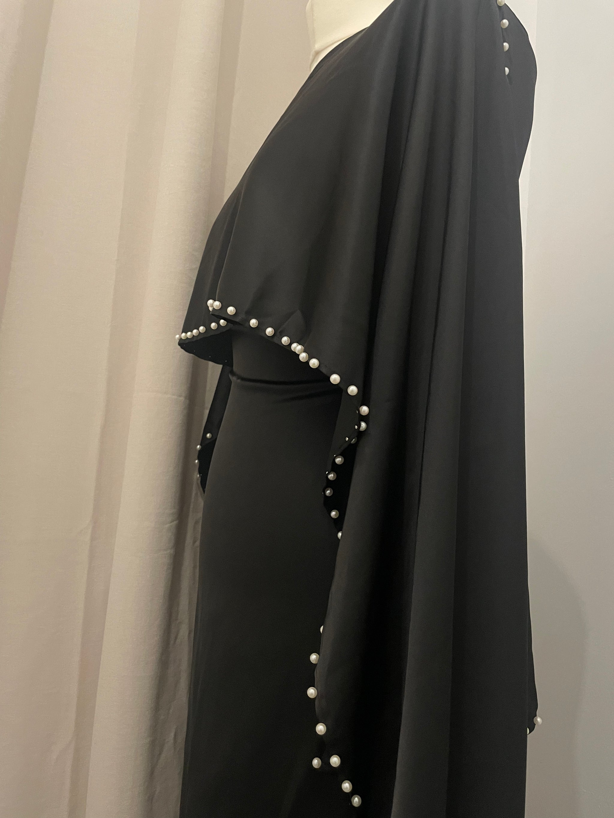 Black Pearl Satin Silk Cape Abaya Maxi Dress