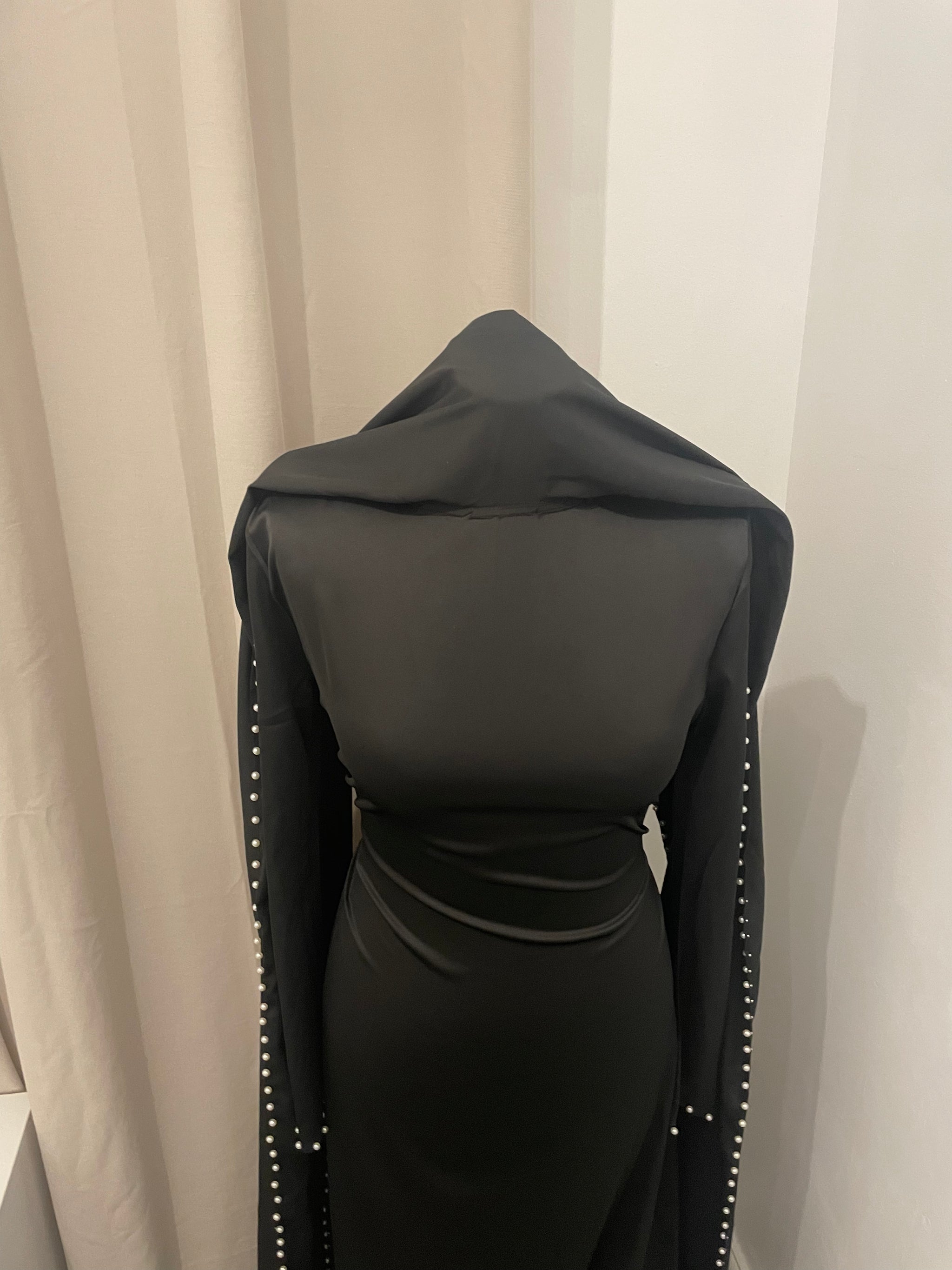 Black Pearl Satin Silk Cape Abaya Maxi Dress