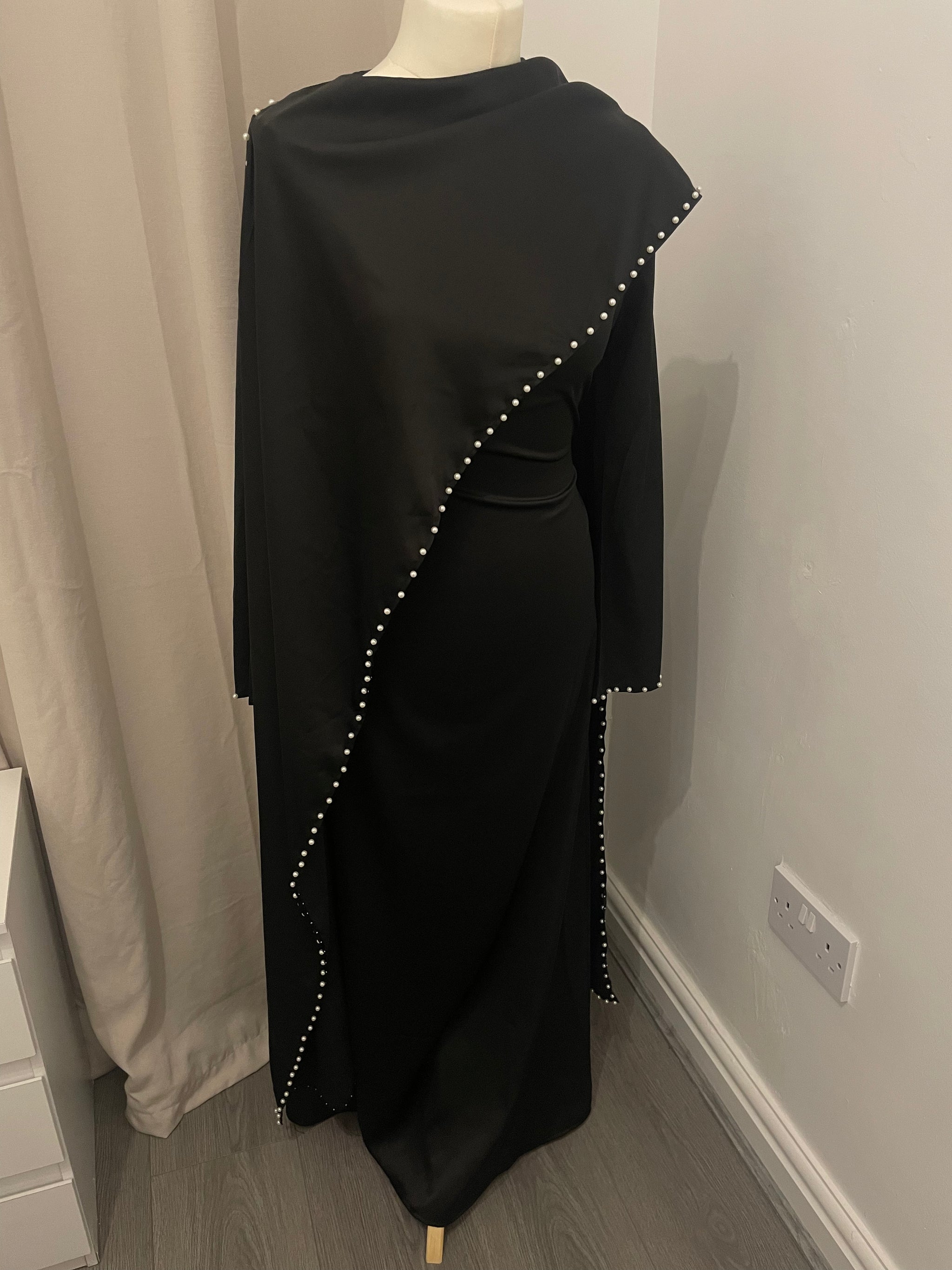 Black Pearl Satin Silk Cape Abaya Maxi Dress
