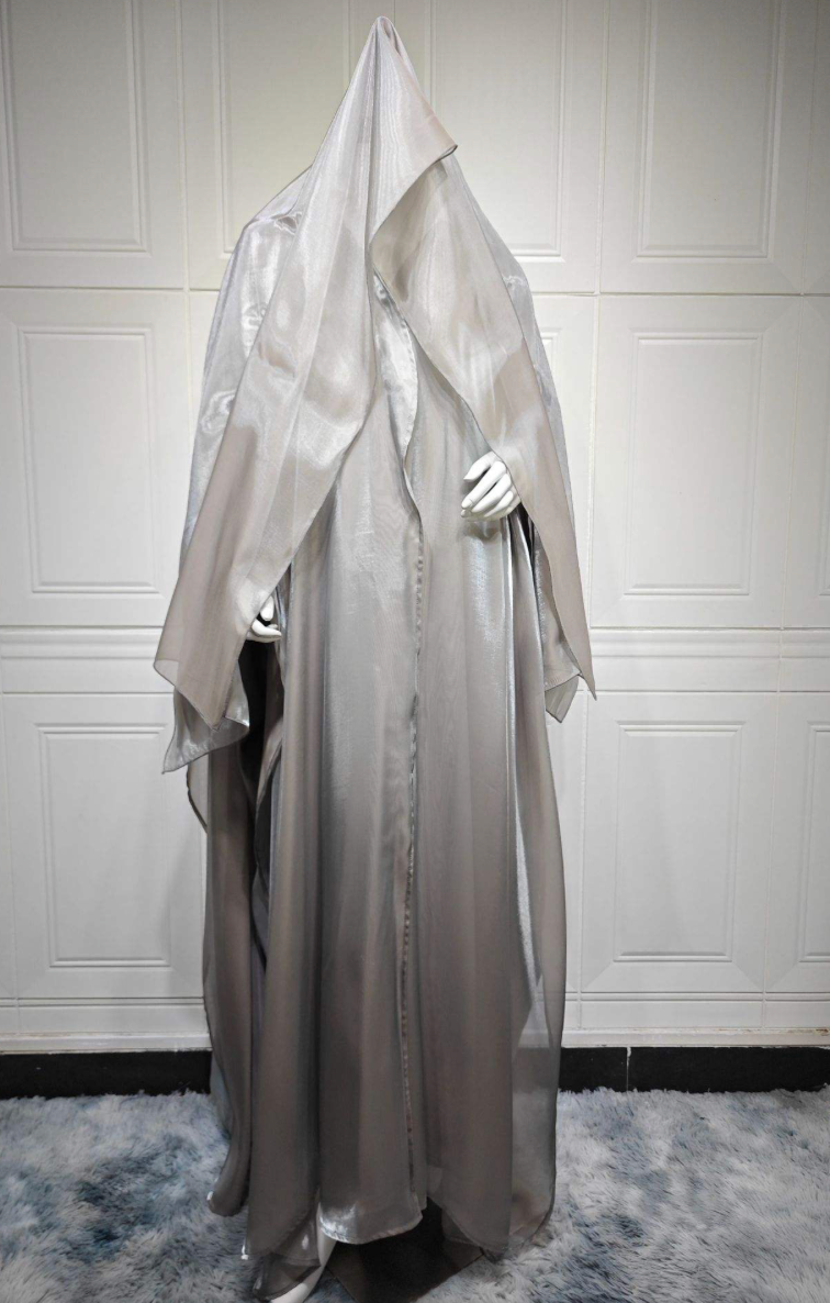 Amina Silver Grey Satin Khimar Abaya Set