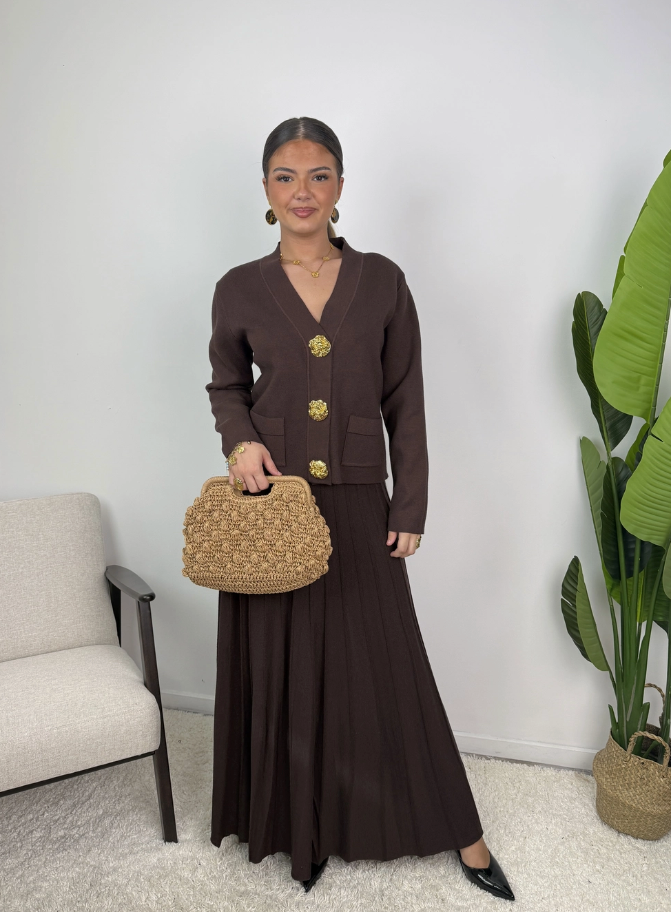 Samira Gold Button Pleated Knit Co Ord Set