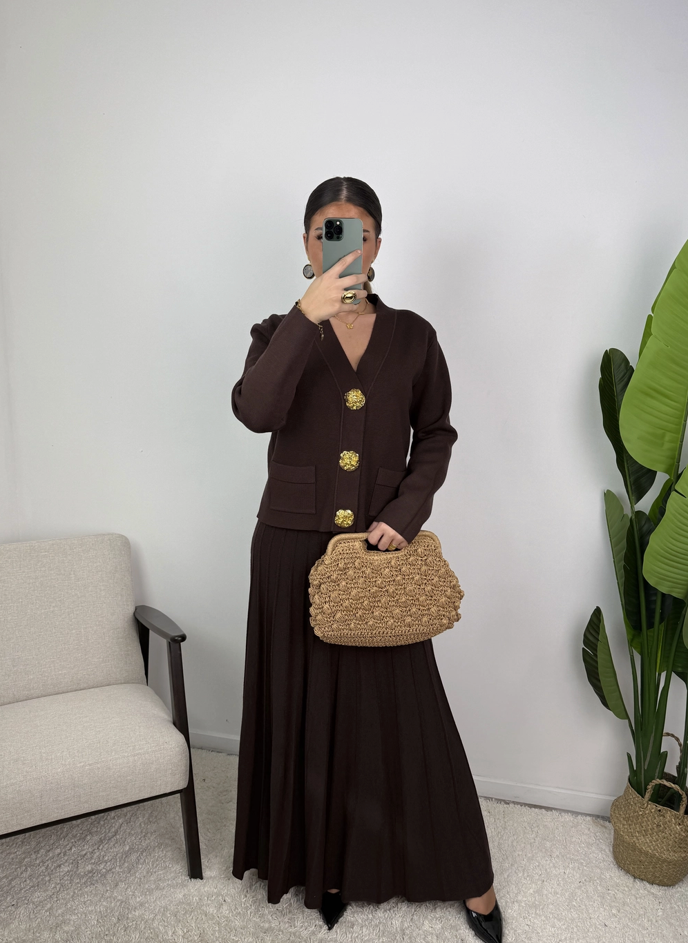Samira Gold Button Pleated Knit Co Ord Set