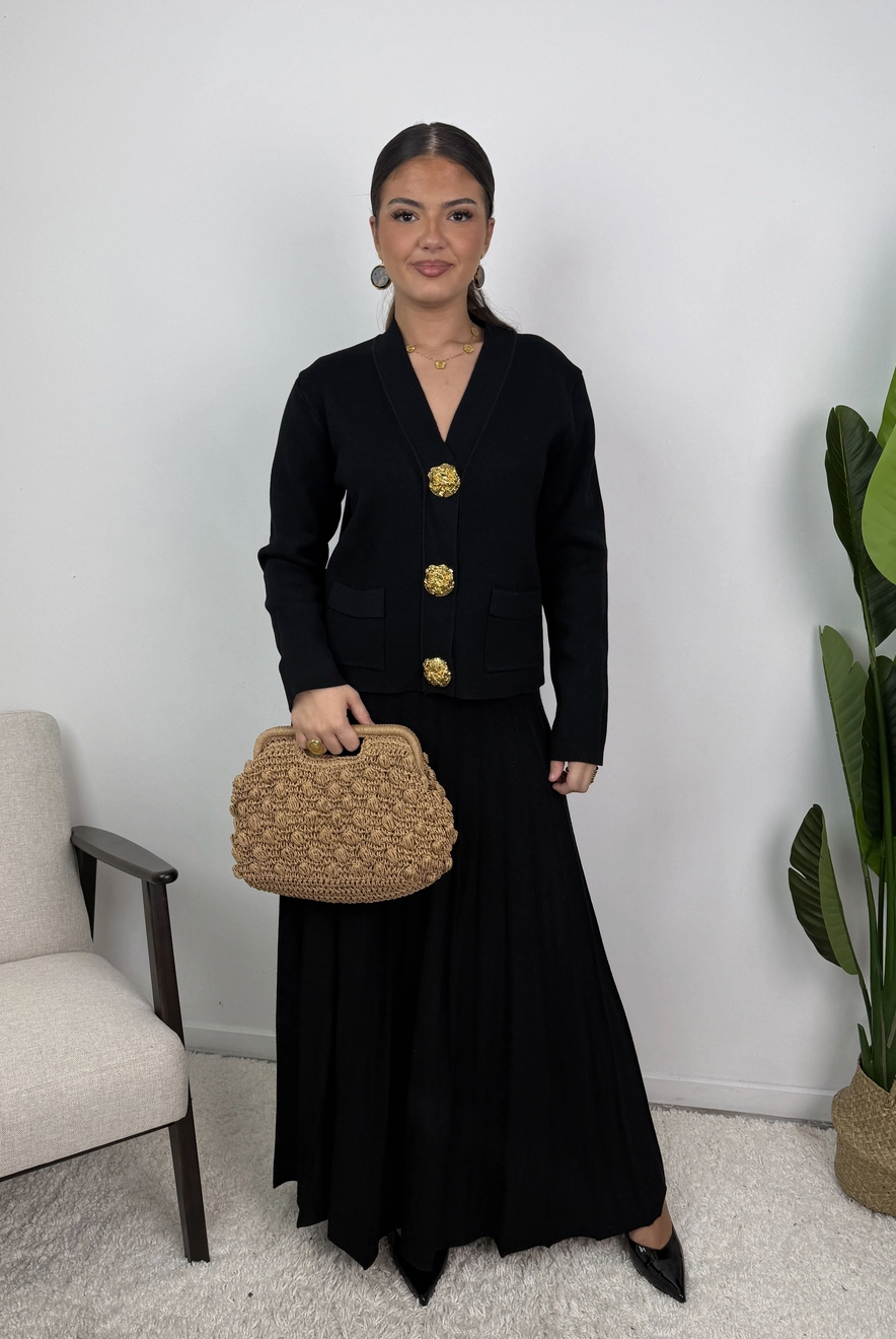Samira Gold Button Pleated Knit Co Ord Set