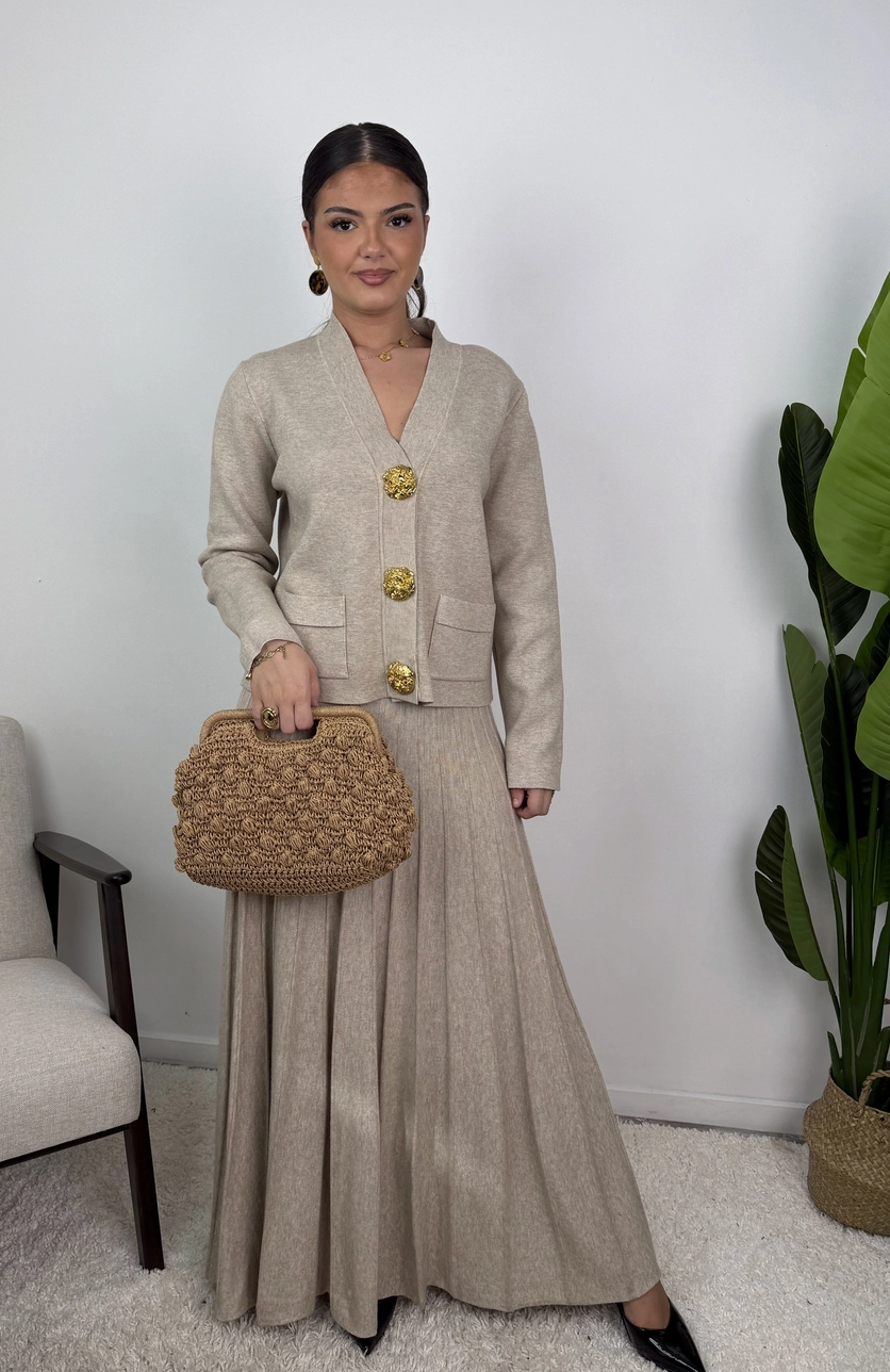 Samira Gold Button Pleated Knit Co Ord Set