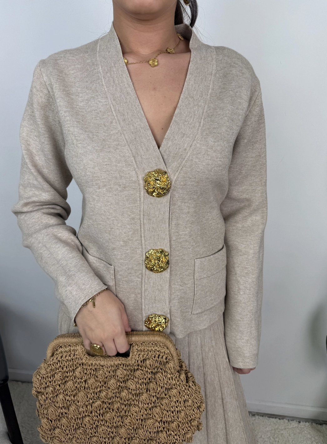 Samira Gold Button Pleated Knit Co Ord Set