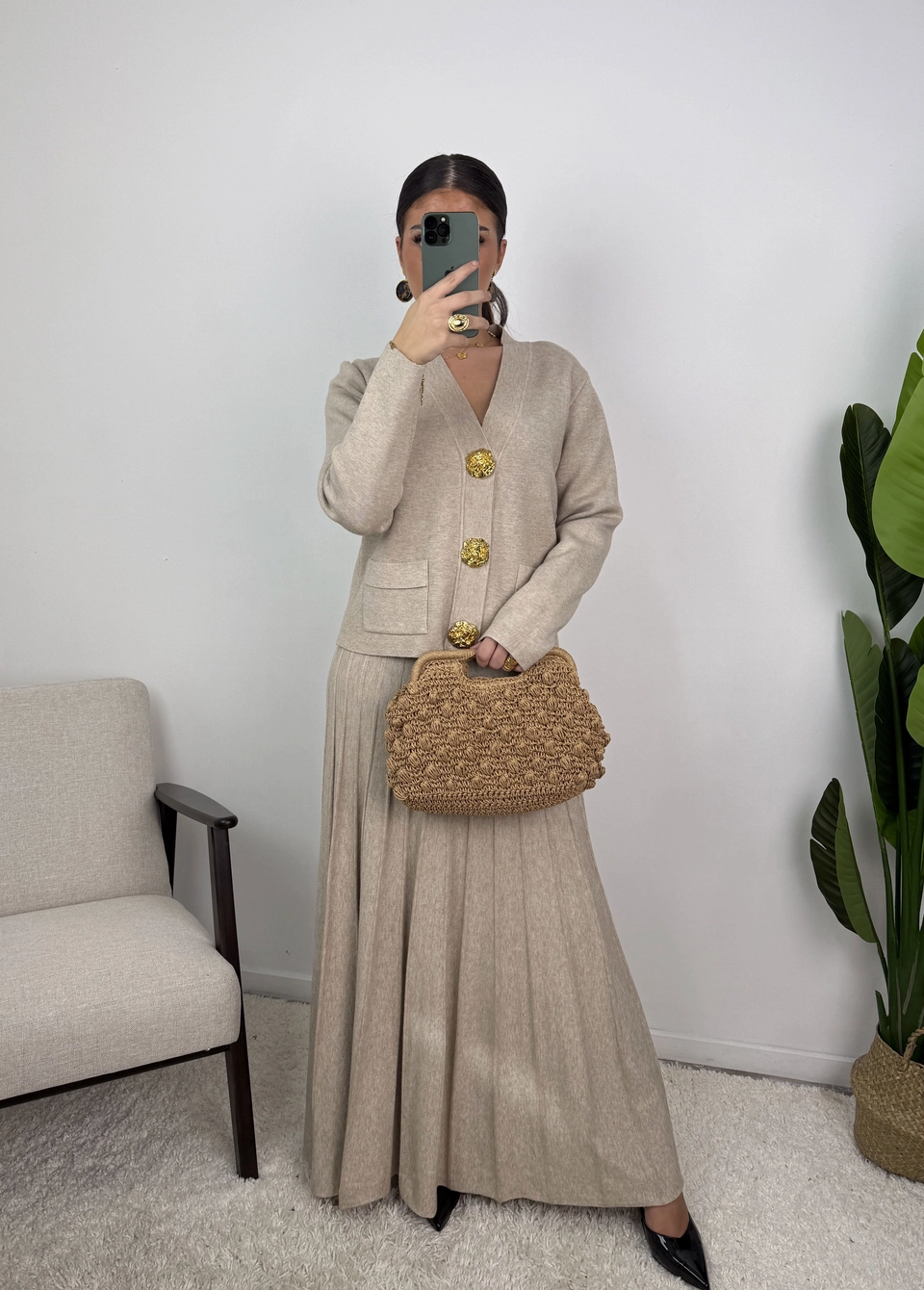 Samira Gold Button Pleated Knit Co Ord Set