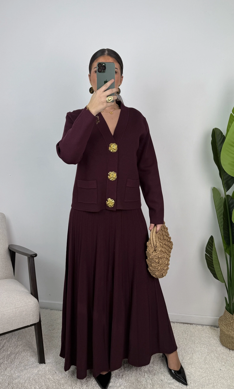 Samira Gold Button Pleated Knit Co Ord Set
