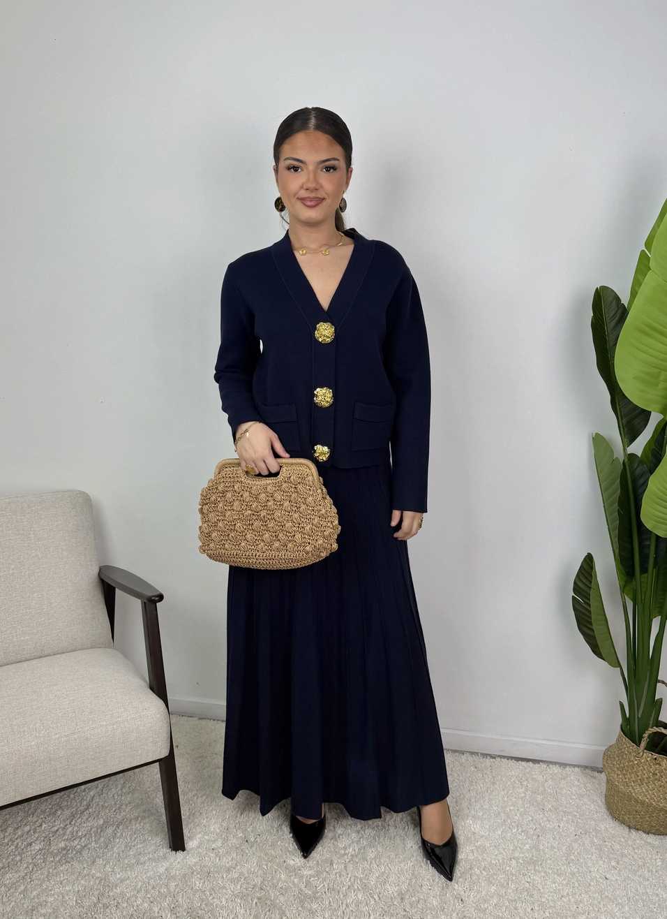 Samira Gold Button Pleated Knit Co Ord Set