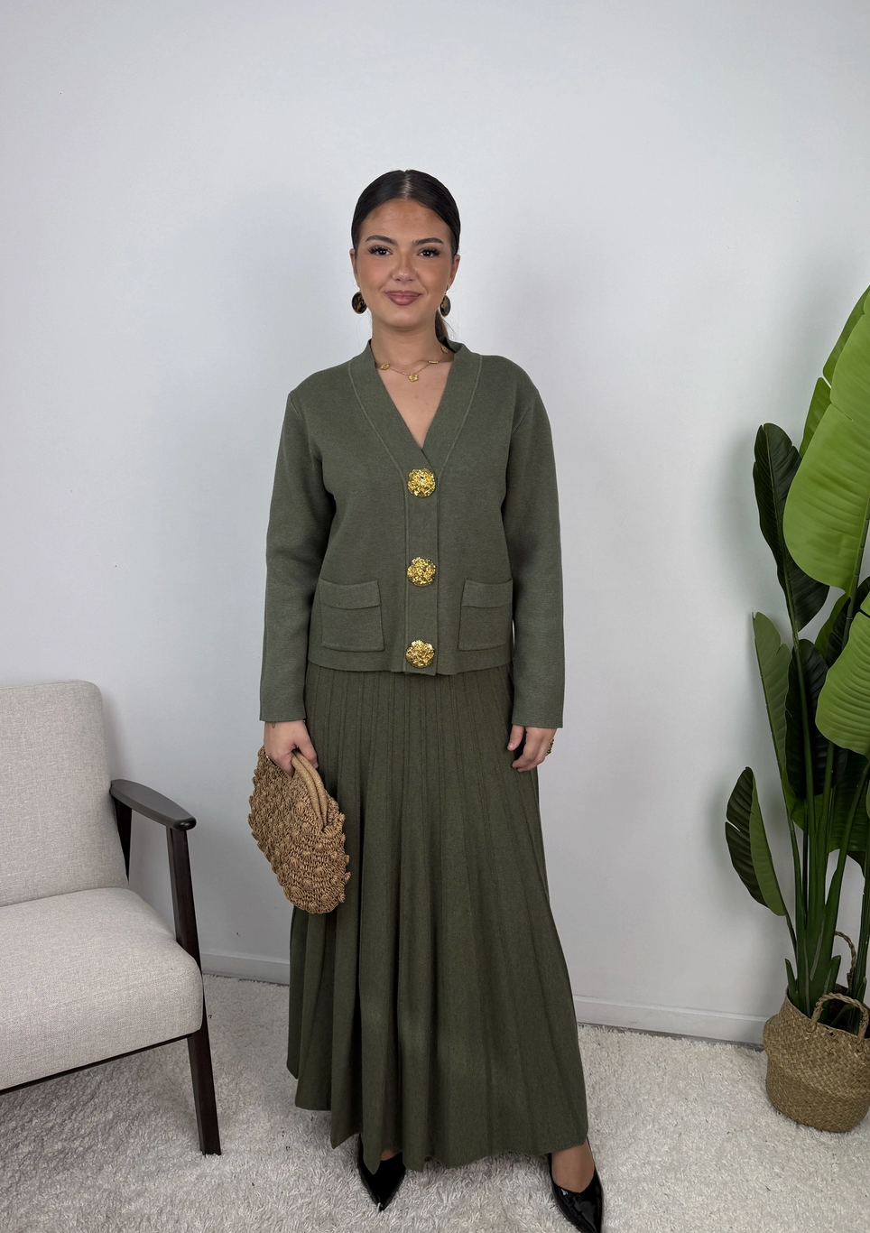 Samira Gold Button Pleated Knit Co Ord Set