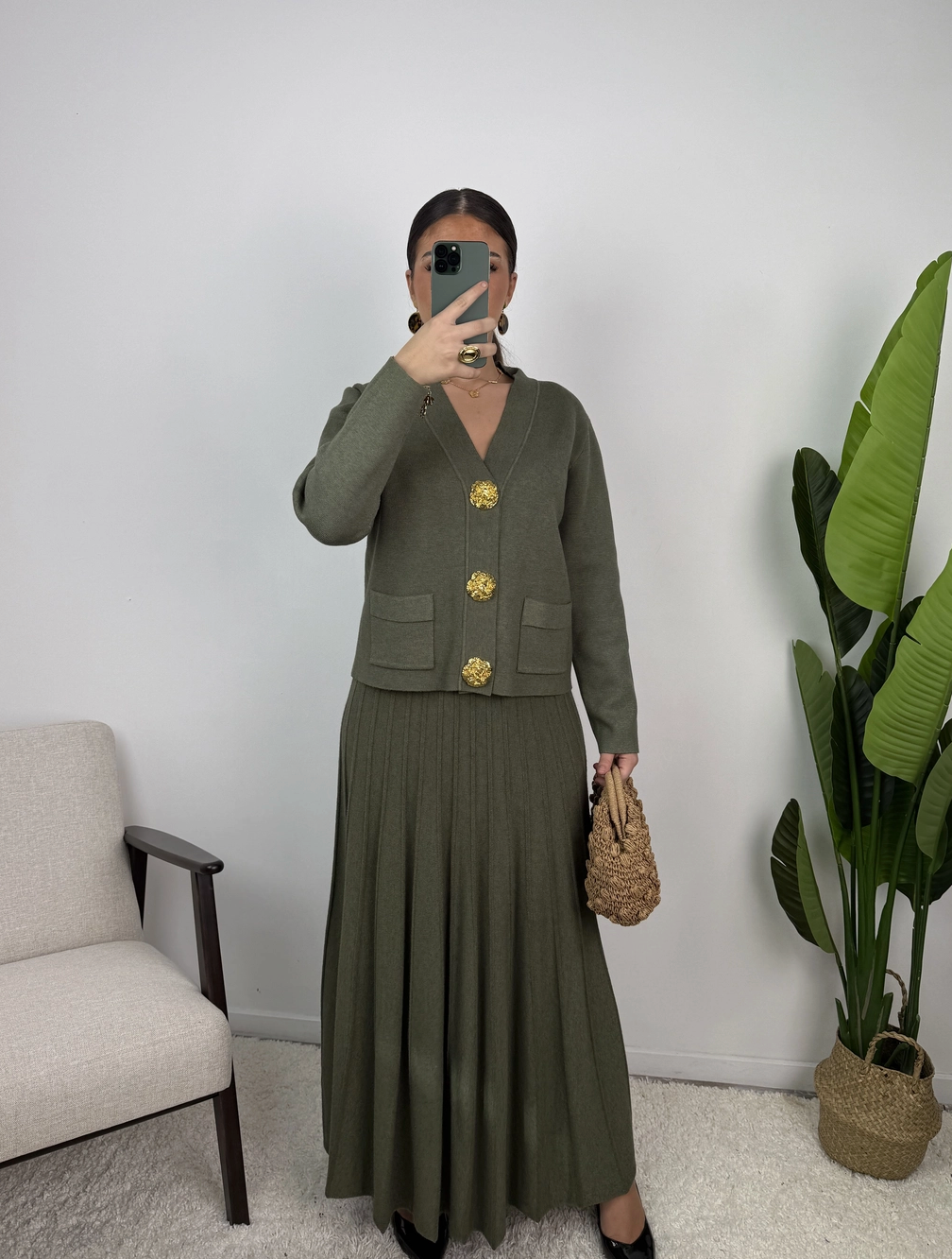 Samira Gold Button Pleated Knit Co Ord Set
