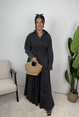 Jeanne Cotton Denim Wrap Shirt and Pleated Skirt Set