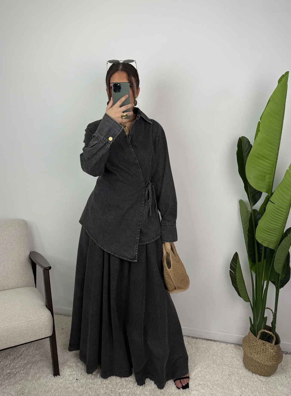 Jeanne Cotton Denim Wrap Shirt and Pleated Skirt Set