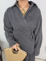 Jeanne Cotton Denim Wrap Shirt and Pleated Skirt Set
